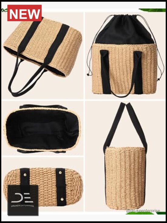 Straw Bag with Rattan Wicker Hat and Tassel Earrings Set Boho Summer Accessories main image 6